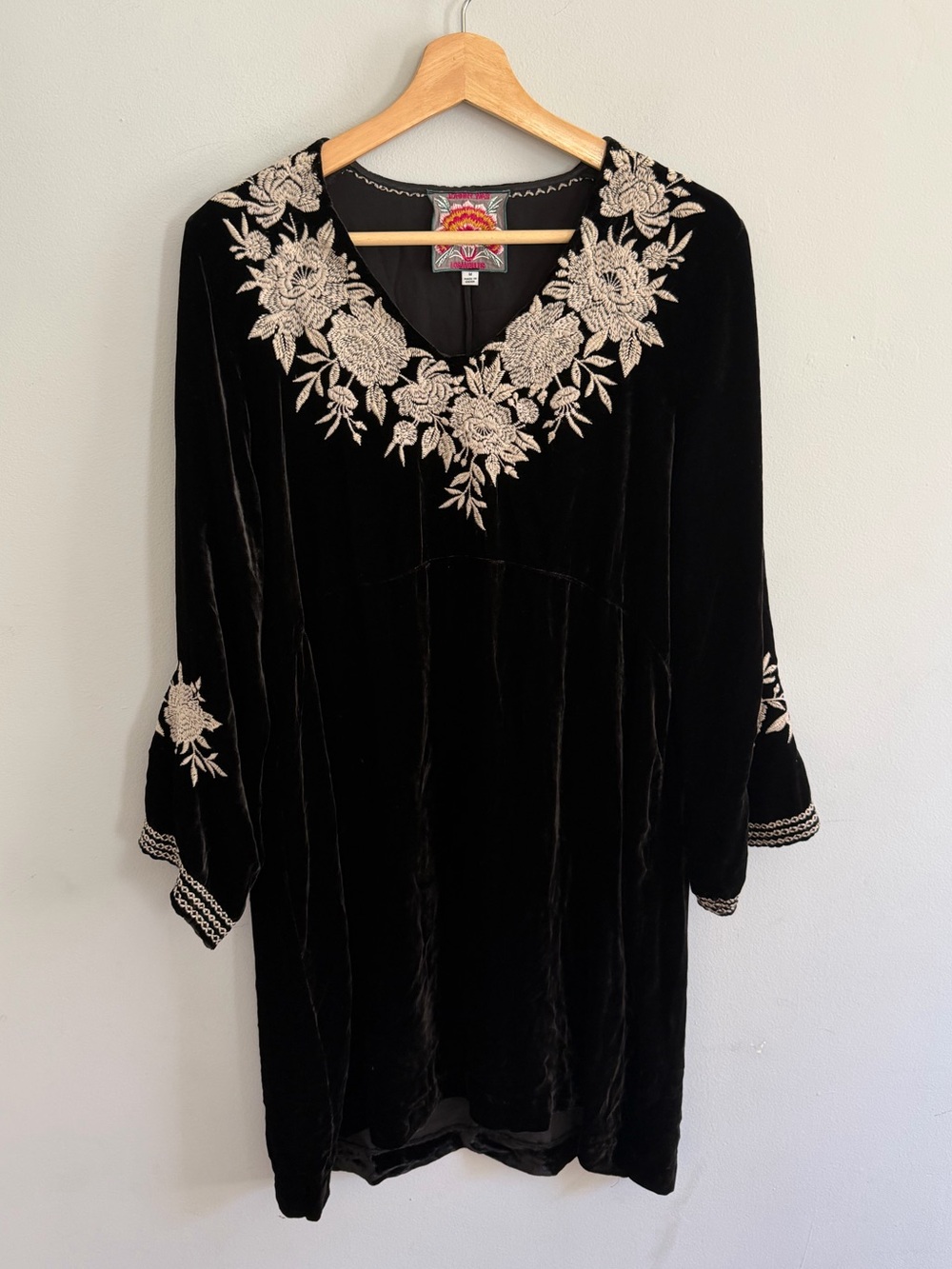 Johnny Was Black Velvet Dress with Embroidered Beige Flowers Size M